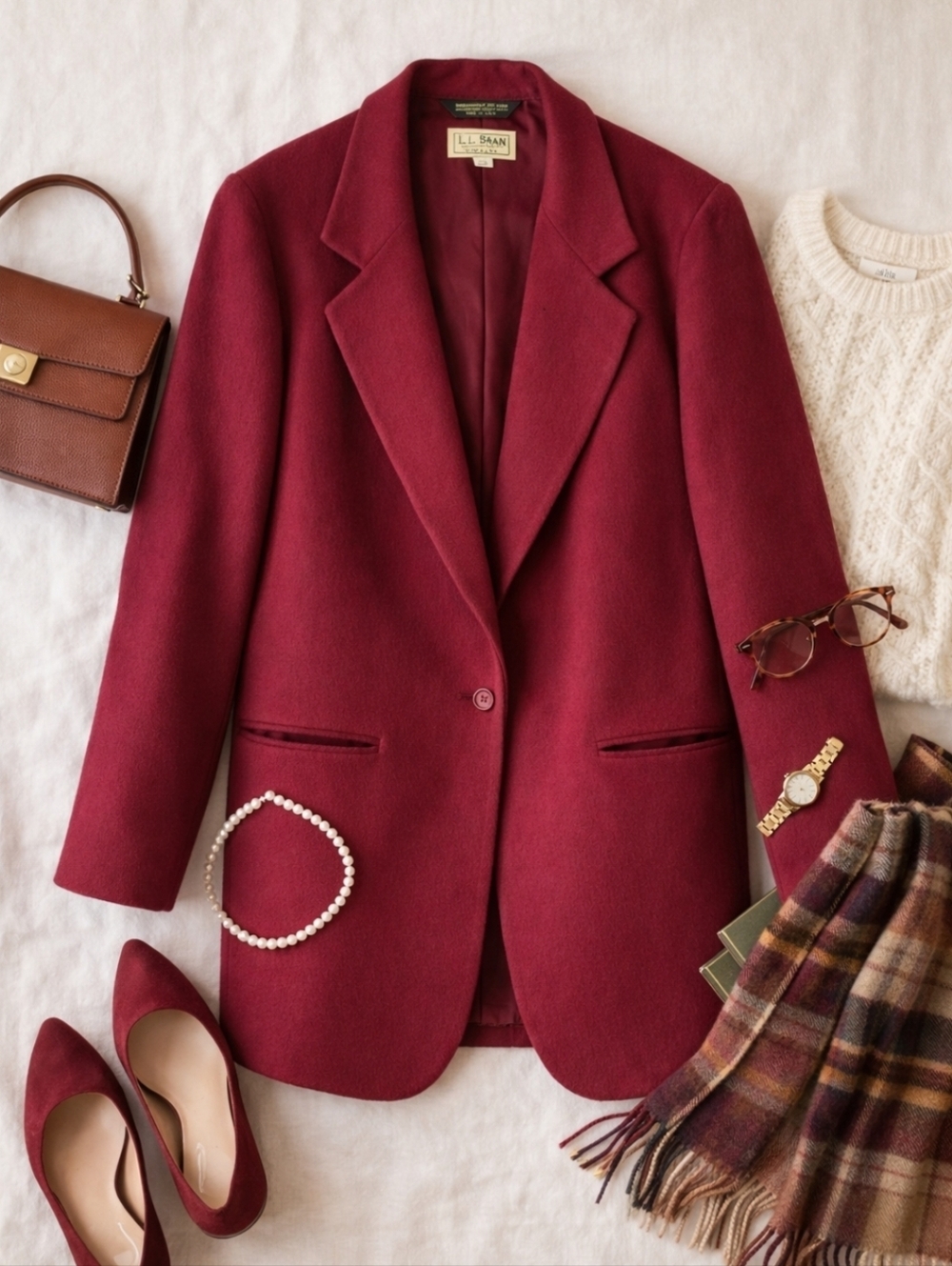 L.L. Bean Wool Cashmere Blazer Burgundy Red Classic Tailored Jacket Size 8R